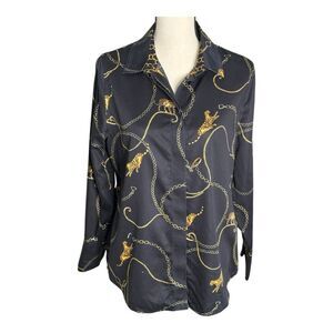 CHICO'S NO IRON  ANIMAL PRINT LONG‎ SLEEVE 100% COTTON BLACK BLOUSE SIZE 1